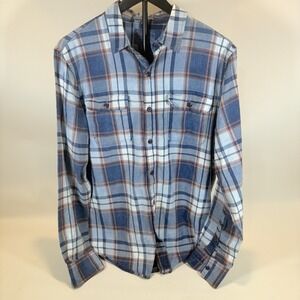 Lucky Brand True Indigo Flannel Shirt Men's Medium Blue Orange Plaid Long Sleeve